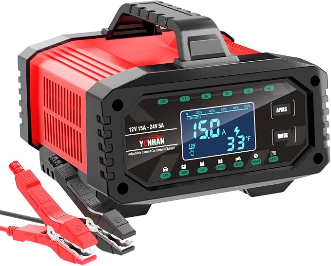 YONHAN Battery Charger 0-15A 12V/24V Adjustable Current | LiFePO4 Car Battery Charger, Battery Maintainer Automatic Trickle Charger, Battery Desulfator w/Temp Compensation