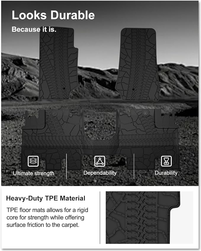Kiwi Master Floor Mats for 2007-2013 Jeep Wrangler JK 4-Door | OEM Replacement 82210166AC, Custom Fit All Weather Car Mats, Heavy Duty TPE Floor Liners, Front & Rear 2 Row Set, Black