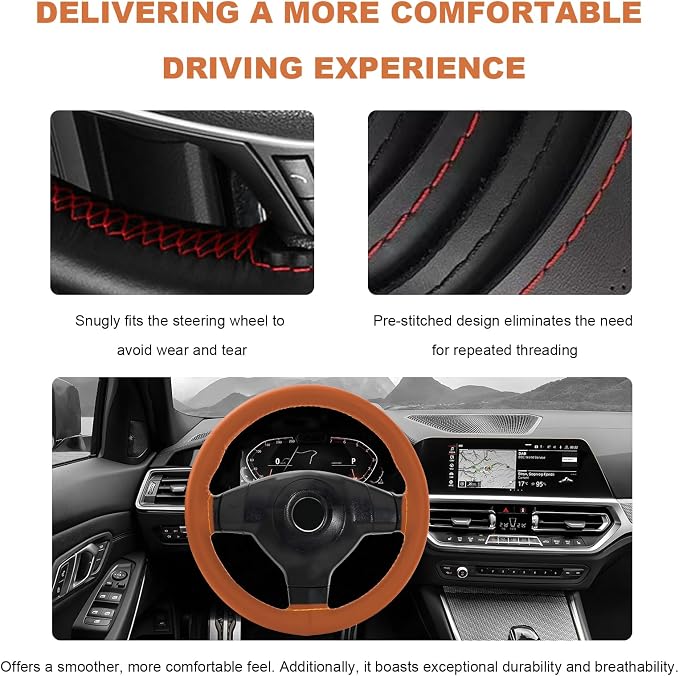 Genuine Leather Steering Wheel Cover, 15 Inch Stitch on Wheel Wrap with Needles & Threads, Breathable Steering Wheel Protector DIY Sewing Wrap for Car Truck SUV (Brown, Glossy)