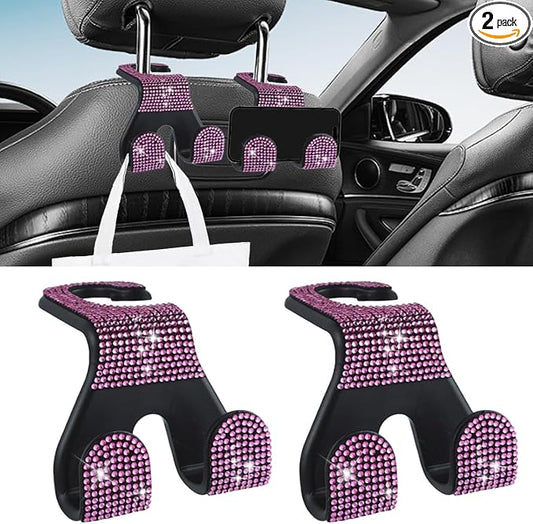 LAINLOY 2PCS Car Seat Headrest Hooks, Shiny Crystal Hanger Holder, Backseat Hanger Storage Organizer, Bling Rhinestone Car Purse Hook, Car Accessories for Women Universal for SUV Truck Vehicle (Pink)