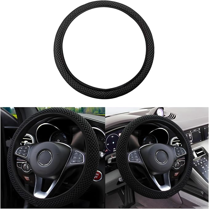 Elastic Stretch Car Steering Wheel Cover, Comfortable Steering Wheel Cover Universal for 14.5-15 Inch, Warm in Winter & Cool in Summer, Anti-Slip Breathable Ice Silk (Black)