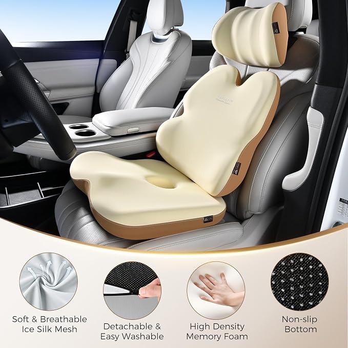 Coverado Truck Seat Cushion and Lumbar Support Headrest Pillow Memory Foam Ergonomic Car Cushion Back Neck Support Pillow Sciatica & Back & Tailbone Pain Relief Car Cushions for Driving Coffee&Beige