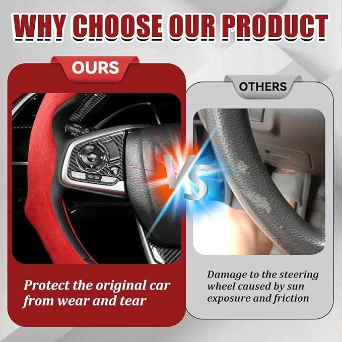 Car Steering Wheel Cover, Soft Brethable Suede Non-Slip Vehicle Steering Wheel Protector, Comfortable Sporty Auto Interior Protection Accessories, Universal for Truck SUV Van (Bright Red)