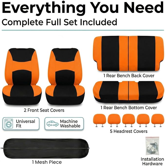 FH Group Universal Car Seat Covers Full Set for SUV Truck Sedan Vans | Waterproof All-Purpose Cloth Seat Cover Set Airbag Compatible Washable Split Bench Protector Interior Upgrade - Orange