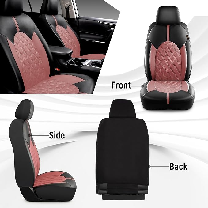 CAROMOP Luxury PU Leather Car Seat Covers Front Set, Anti-Stain Waterproof Automotive Seat Covers for Cars, Universal Car Interior Covers Seat Protectors for SUVs Pick-up Trucks(Dusty Rose)