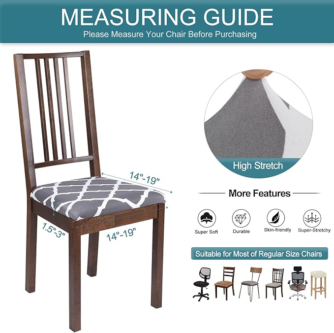 SearchI Seat Covers for Dining Room Chairs Stretch Printed Chair Seat Covers Set of 4, Removable Washable Upholstered Chair Seat Protector Cushion Slipcovers for Kitchen, Office(Grey+White)