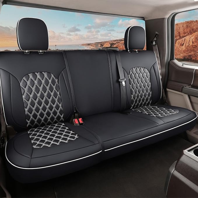 Huidasource Fit for GMC Sierra/Chevy Silverado Rear Seat Cover, Thickened Split Nappa Leather Truck Back Seat Cover 2007-2013&2019-2026 1500, 2020-2026 2500HD 3500HD Crew Cab WT LS LT, Black＆White