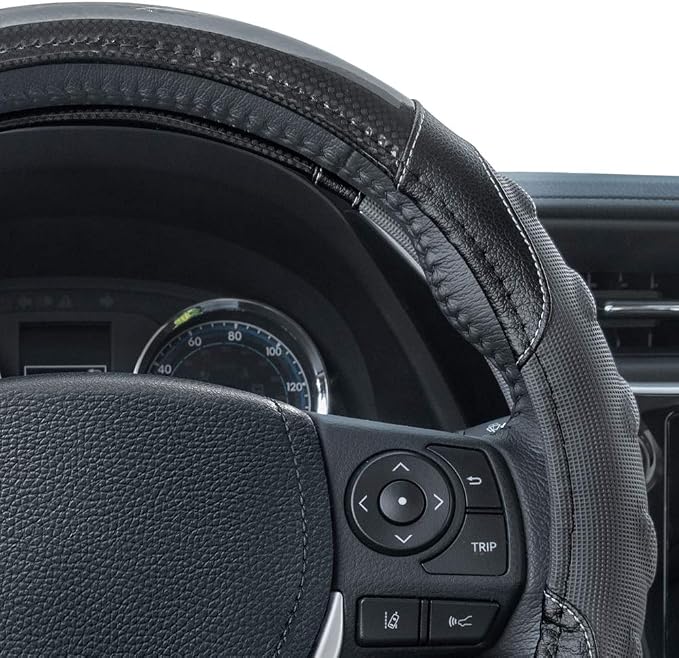 Motor Trend GripPlus Black Carbon Fiber Steering Wheel Cover, Standard 15 inch Size, Advanced Traction Grip, Car Steering Wheel Cover for Truck Van SUV Auto