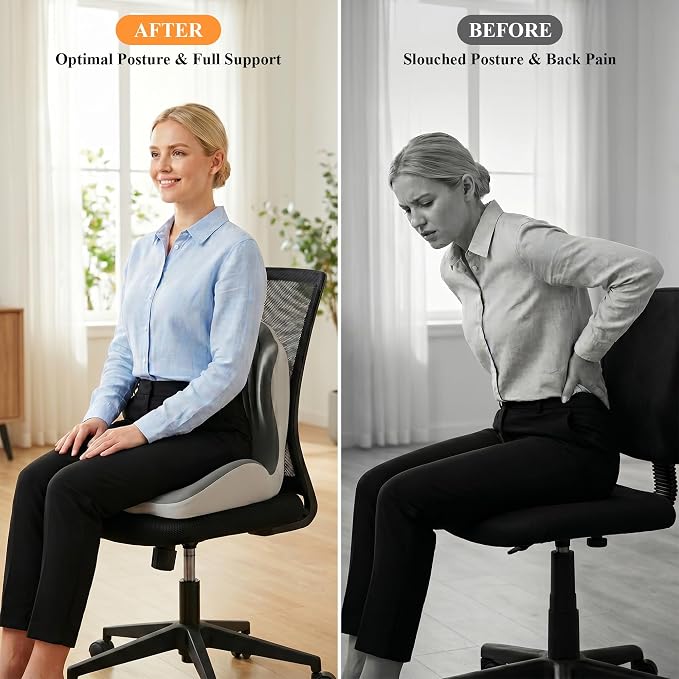 Ergonomic Seat Cushion with Back Support, L-Shaped Memory Foam Seat Cushion with Coccyx Cutout and Non-Slip Base for Office Chair, Car, Truck and Gaming Chair, Black/Gray