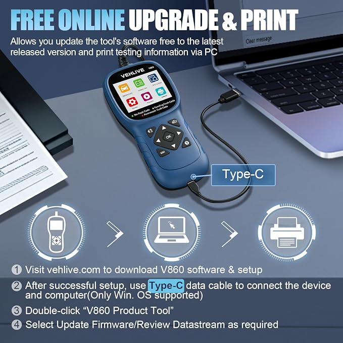 V860 Scanner for Car and Trucks,OBD2 Diagnostic Tools and Code Reader for Engine Check,Battery Test, O2 Sensor and EVAP Leak for Annual Check Readiness,Printable Export,Vehicle After 1996