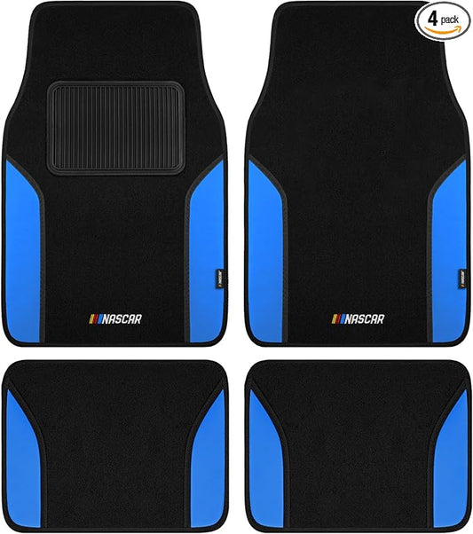 NASCAR Car Floor Mats, Carpet & Blue Leather Design Car Mats, Universal-Fit All-Weather Car Floor Mats with Built-in Heel Pad & Anti-Slip Backing, Durable Odorless Automotive Interior Accessories