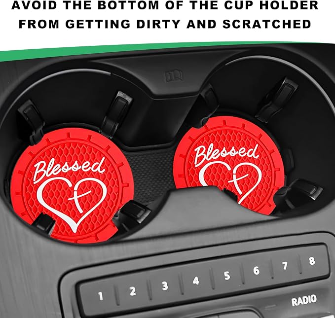 2 PCS Car Cup Holder Coaster, 2.76 Inch Non-Slip Auto Drink Mats with Blessed Cross and Heart, Shockproof Christian Cup Insert Coaster for Most Vehicles, Car Accessories (Red)