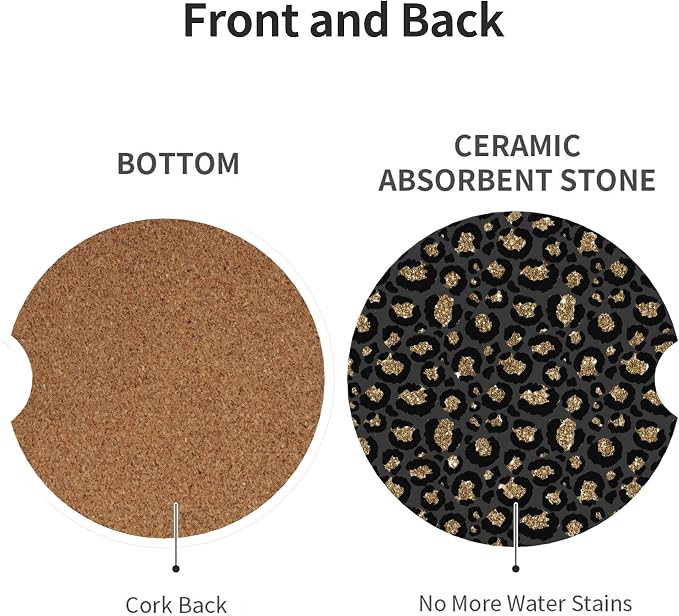 Absorbent Car Coasters for Cup Holders, 2 Pack Universal Anti Slip Ceramic Cup Coaster for Women Men 2.56 Inch Car Interior Accessories - Black Gold Leopard 003