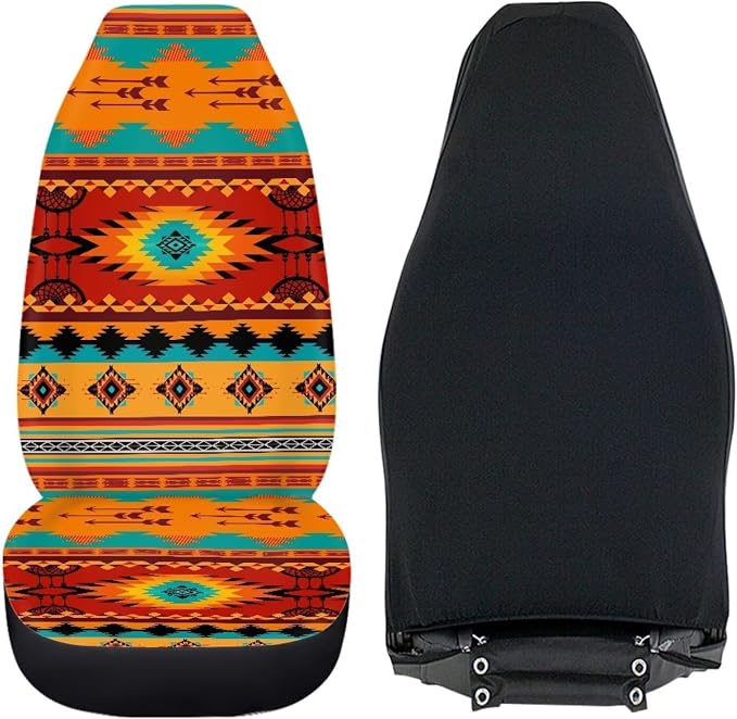 Universal Car Seat Cover Front Seats Only,Navajo Orange Automotive Car Interior Covers Aztec Decorative Seat Cover for Full Back and Seat for Cars Sedans Truck SUV Vans