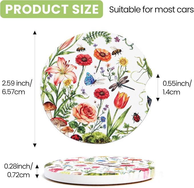 2 Pack Floral Car Coasters for Women Car Cup Holder Coasters, 2.63 Inch Anti Slip Ceramic Absorbent Coaster with Cork Base and Finger Notch, Cute Car Accessories Interior