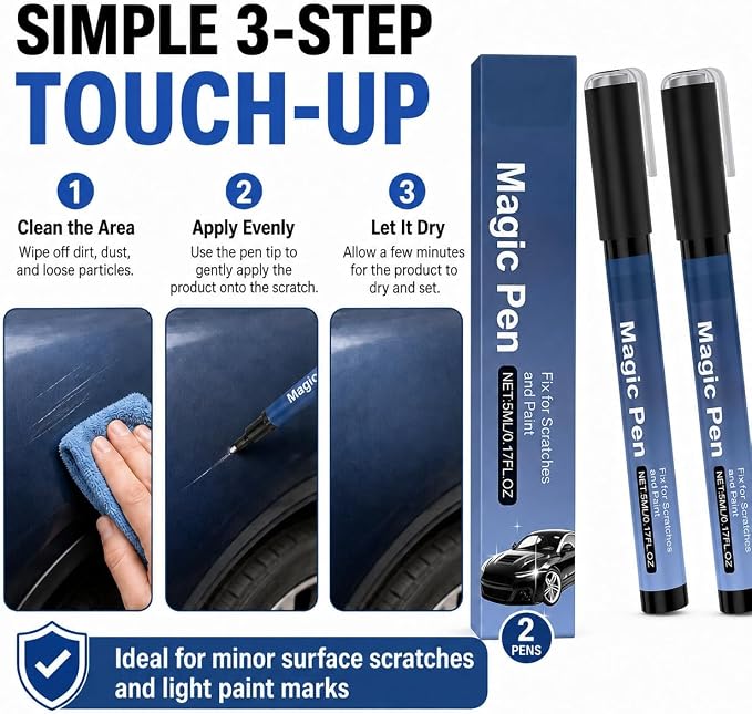2026 Magic Car Scratch Remover Pen, Car Scratch Remover Pen, Clear Coat Touch Up Applicator for Light Surface Scratches, Small Paint Chips and Scuffs for Cars, Trucks, SUVs and Motorcycles (2Pcs)