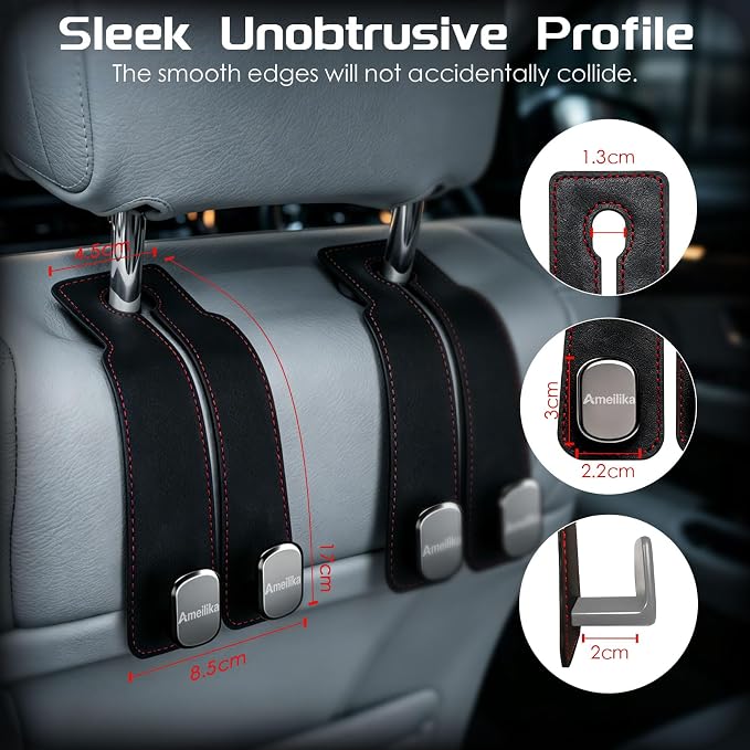 Car Headrest Hook, Car Seat Headrest Hooks and Purse Hook for Car, Leather Seat Back Organizer with Phone Holder, Universal Hidden Storage for SUV/Truck (Beige-2Pack)