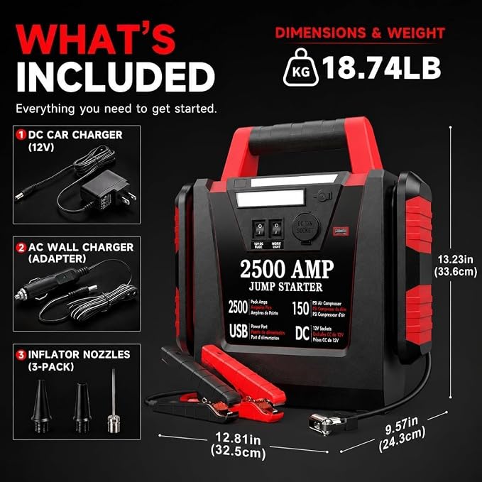 Jump Starter with Air Compressor,2500A Car Battery Jumper Starter 150 PSI Tire Inflator,6 in 1 Auto Lead-Acid Battery Booster Jump Starter for Up to 10.0L Gas or 8.0L Diesel with LED Light
