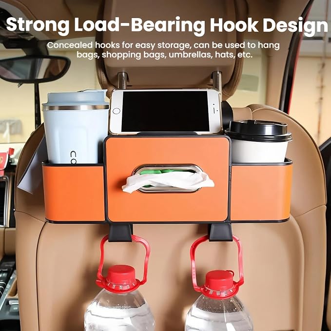 3-in-1 Car Backseat Organizer, 3-in-1 Car Headrest Backseat Organizer, Multifunctional Car Back Seat Storage with 2 Cup Holders & Hooks, Universal Cars Seat Organizer Tissue Box and Storage (Beige)