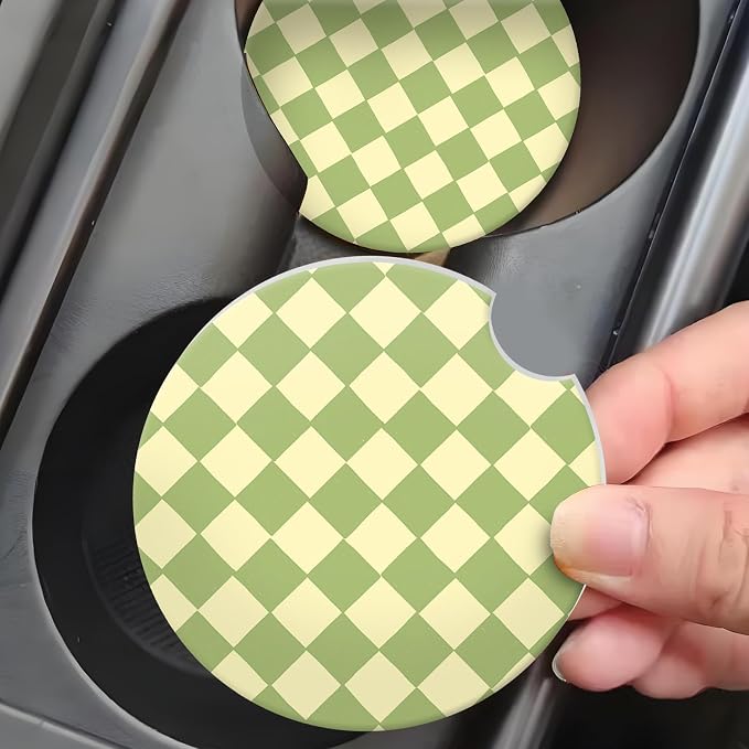 Beige Green Checkerd Car Coasters for Cup Holder Absorbent Ceramic Cup Coaster 2 Pack Anti Slip Car Interior Accessories with Finger Notch Cork Base for Women Men 2.56"