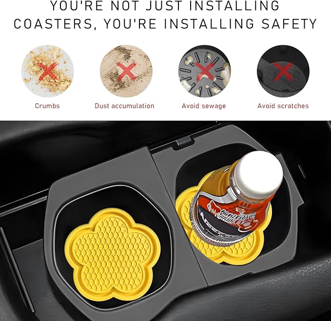 DXNQ 2 PCS Car Cup Coasters, Cute Flower Shaped Car Cup Holder Mat, PVC Waterproof Anti Slip Vehicle Cup Holder Insert Coaster, Universal Car Interior Decor Accessories (Yellow)