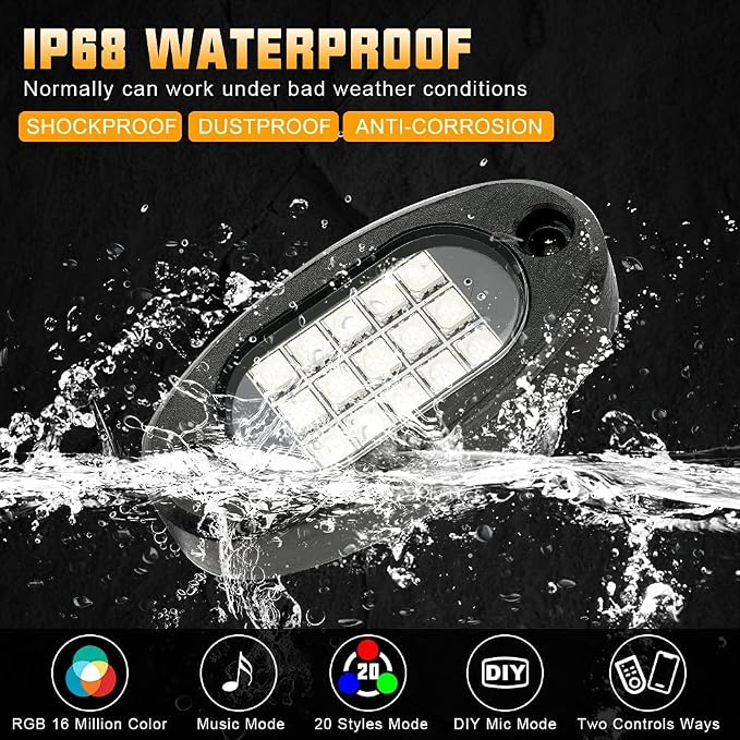 SUNPIE 8 Pods RGB Rock Light for Cars Trucks AVT UTV SUV Off Road,Waterproof Multi Color Under Glow Lighting Kit 120 LEDs Rock Light,APP/RF Control Neon Led Lights for Car Truck Accessories