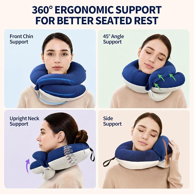 BUYUE Travel Neck Pillows for Airplanes, Memory Foam 360° Head Support Sleep for Long Flight, Skin-Friendly & Breathable, Kit with Eye Mask, Earplugs and Storage Bag (Adult, Navy, 90+ lbs)