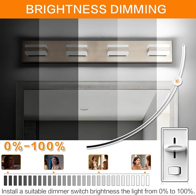 SOLFART Bathroom Light Fixtures Brushed Nickel Vanity Lights for Bathroom Above Mirror, 4 Light Led Lighting Fixture, Nickel Vanity Light,5 Color Temperature Adjustable Light Over Mirror ETL Listed