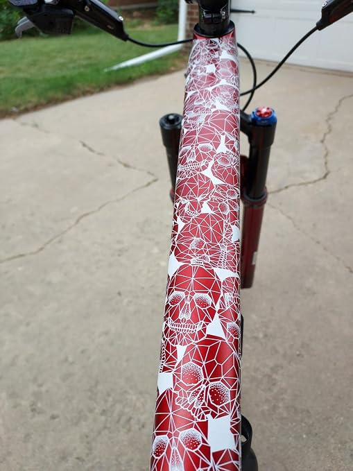 Bike Frame Protection Tape- High Impact Clear Vinyl Wrap Includes Tool (4”x72) Bicycle Frame Protector, Mountain Bike Frame Guard Chainstay Protector (Black Skulls)
