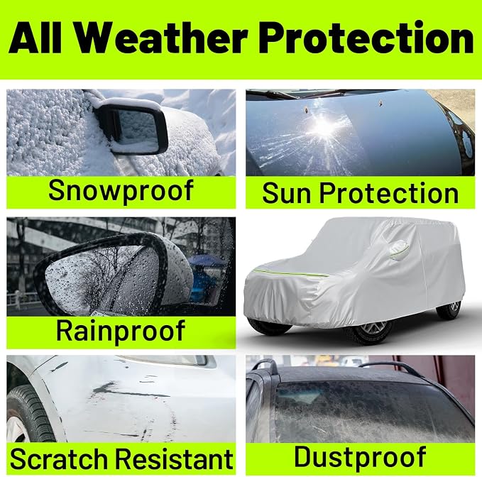 Favoto Car Cover All Weather for Jeep Wrangler 2 Door Waterproof | 6 Layers Heavy Duty Outdoor UV Rain Snow Protection with 4 Windproof Straps Zipper Universal Fit for Jeep (167"-177")