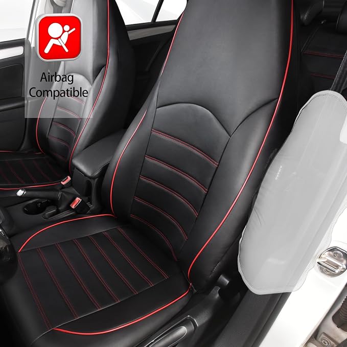 TOYOUN Classic Universal PU Leather Car Front Seat Covers High Back Bucket Seat Cover - Fit Most Cars, Trucks, SUVS, Vans 2 PCS Red Trim Auto Seat Covers Set for All Seasons