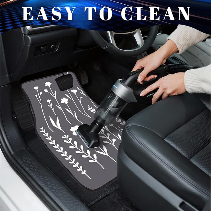 Boho Flower Car Floor Mats Set of 4 Minimalist White Floral Line Art Grey Automotive Foot Mats Rugs Carpet for Car Non-Slip Auto Car Accessories Universal Fit for Car SUV Truck Van