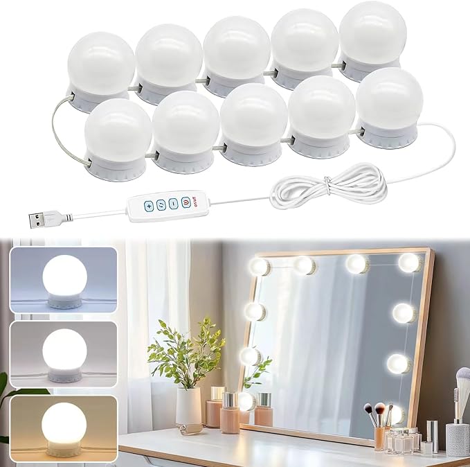 Pretmess LED Vanity Lights for Mirror, Hollywood Style, 10 Dimmable Bulbs | 5 Adjustable Brightness & 3 Color Changing Modes,Wire Length Adjustable & Effortless Setup,USB Cable Design