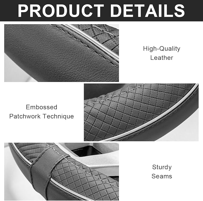 Car Steering Wheel Cover, 15 Inch Anti-Slip Breathable Leather Auto Steering Wheel Protector, Full Surround Soft Steering Wheel Cover for Men Women, Car Interior Accessories (Gray & White)