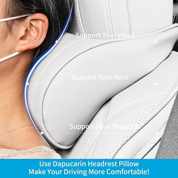 Car Neck Pillow for Driving Memory Foam Headrest Nappa Leather Head Rest for Most Cars SUV Home Office Traveling