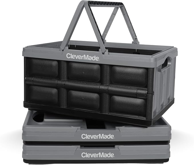 CleverMade Collapsible Shopping Basket 32L, 3 Pack – Folding Grocery Basket with Handles, Stackable Reusable Storage Crate with 35 lb Capacity, Recycled Plastic, Car Trunk Organizer- Stone Gray