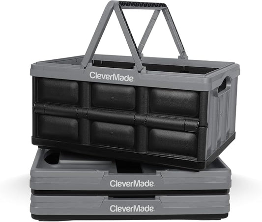 CleverMade Collapsible Shopping Basket 32L, 3 Pack – Folding Grocery Basket with Handles, Stackable Reusable Storage Crate with 35 lb Capacity, Recycled Plastic, Car Trunk Organizer- Stone Gray