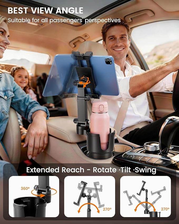 OHLPRO Cup Holder Tablet Mount for Car, Anti-Shake iPad Stand with Drink Holder Fits 5-17" iPad, Tab S10, iPhone, Heavy Duty Truck Vehicle Auto Accessories, Dual Handle Slots Large Mugs