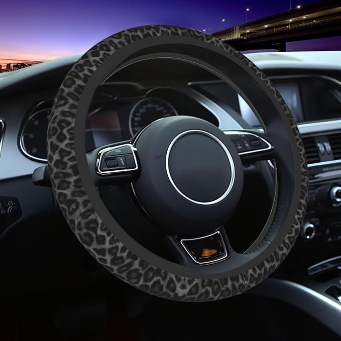 Black Leopard Print Steering Wheel Cover Black Cheetah Leopard Print Steering Wheel Cover Anti-Slip Breathable for 15 in Universal 2 Pcs Car Interior Cup Holder Pad for Men Women