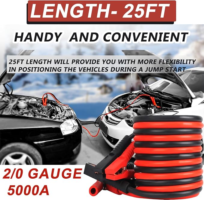 iMeshbean Heavy Duty Jumper Cable, 2/0 Gauge 25FT Automotive Booster Jumper Cables for 12V/24V Car, SUV &Truck Battery, with Strong Clamps & Thiekened Inner Core, Carry Bag and Gloves Included
