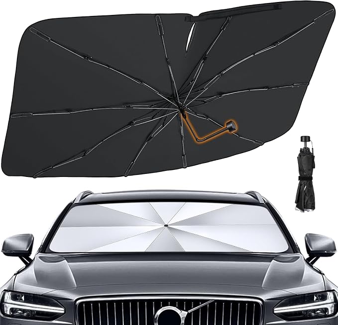 Pleneal Windshield Sun Shade Umbrella, 55" x 31" Foldable Car Sun Shade | 55" x 31", Titanium Silver Reflective Material, Bendable Shaft, High Tenacity Ribs, One-piece Opening Design, Storage Bag