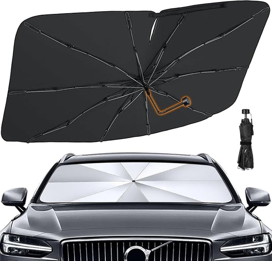 Pleneal Windshield Sun Shade Umbrella, 55" x 31" Foldable Car Sun Shade | 55" x 31", Titanium Silver Reflective Material, Bendable Shaft, High Tenacity Ribs, One-piece Opening Design, Storage Bag