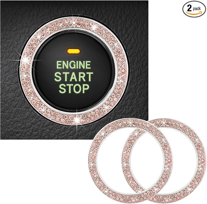 Kewucn 2 PCS Bling Crystal Double Rhinestone Car Engine Start Decoration Ring, Sparkling Push Start Button Sticker, Key Ignition & Knob Ring Decoration, Bling Car Interior Accessory(Peach)