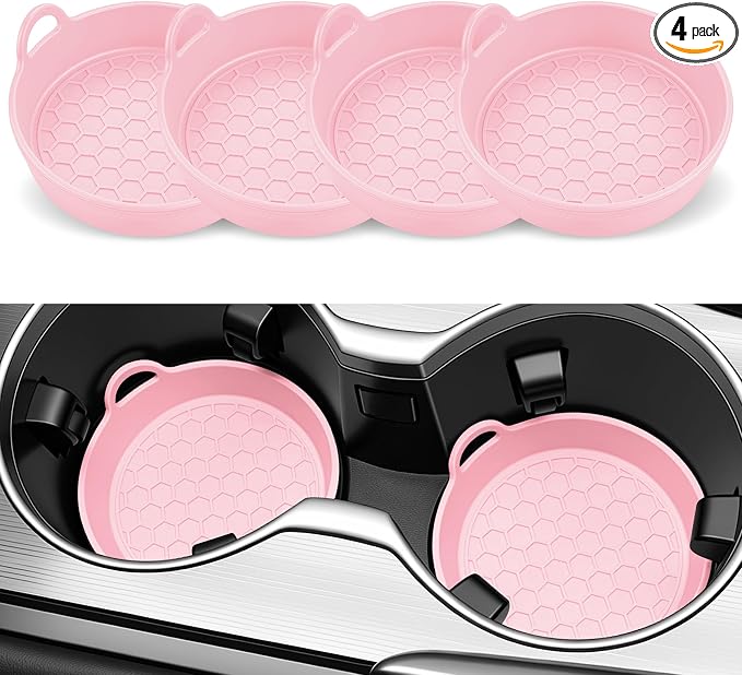 SINGARO Car Cup Holder Coaster, 4PCS Silicone Cup Holder Insert, Universal Non-Slip Cup Holders, Car Interior Accessories for Women and Man, Pink