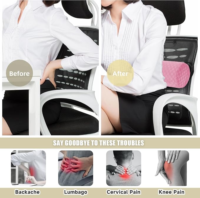 Coeyese Lumbar Roll Pillow for Lower Back Support, Pink, Short-11 * 4.3'' | Removable Pillowcase, Upgraded Adjustable Strap, Suitable for Office, Chair, Car, Seat Pain Relief & Improving Posture