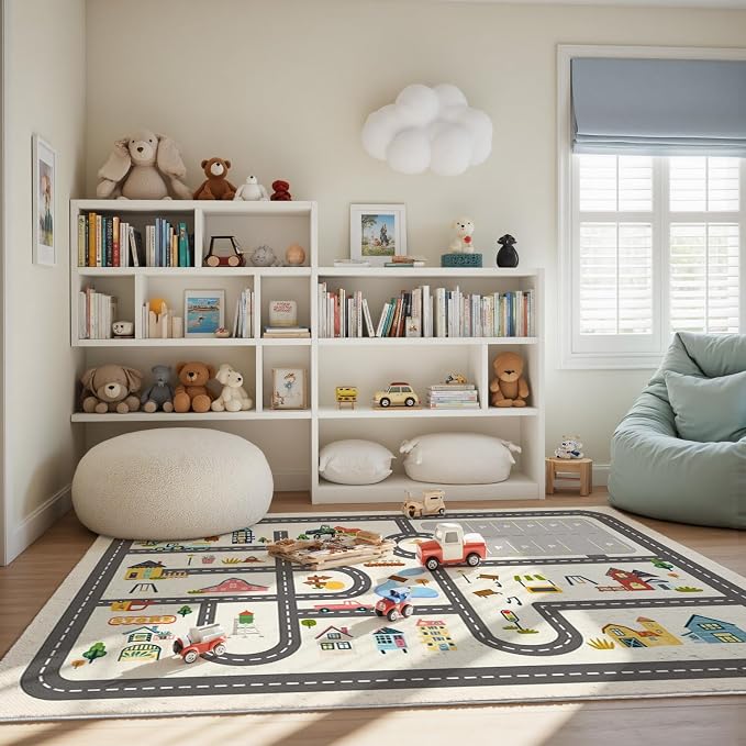 Nayoroom Kids Town Road Playroom Rug, Faux Wool Car Map, Non-Slip, 3 x 5 ft | Interactive town road map; Community scenes; Soft faux wool surface; Non-slip backing; Easy-care room accent