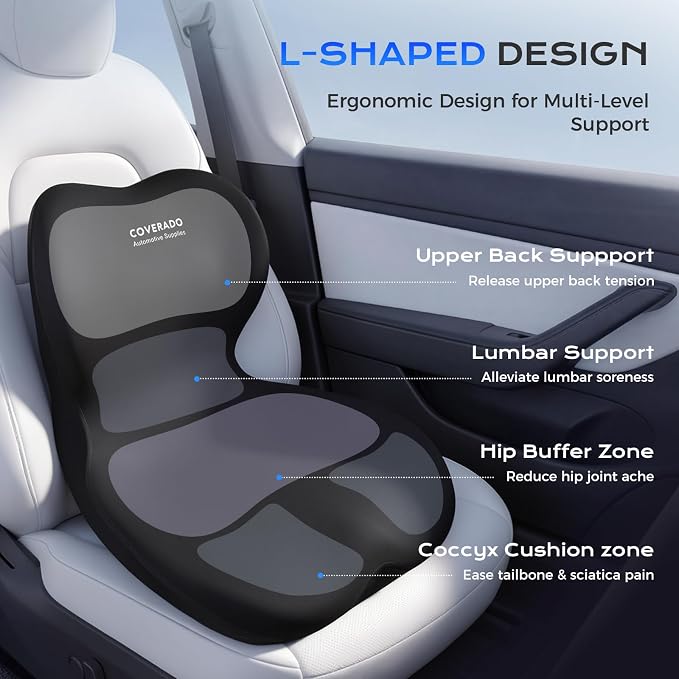 Coverado Car Seat Cushion and Lumbar Support Pillow One Piece, Memory Foam Ergonomic Back Support Driving Seat Cushion for Back Pain, Non-Slip Washable Cushion for Car, Driver, Office
