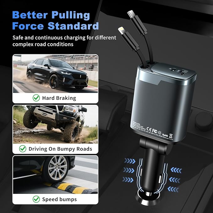 2 Pack 84W Retractable Car Charger, 4-in-1 USB C Fast Charging Adapter | Cigarette Lighter USB Charger Adapter, Fast charge for iPhone 17-11 & Samsung, Ideal Car Accessories & Gifts for Men Women