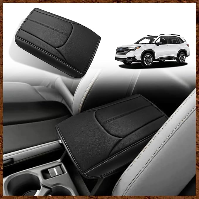 Muslogy Center Console Armrest Cover Fit for Subaru Forester 2025 Accessories, Comfort Armrest Pad Console Lid Cushion Vegan Leather Regular Thick (Black/Gray Stitching)