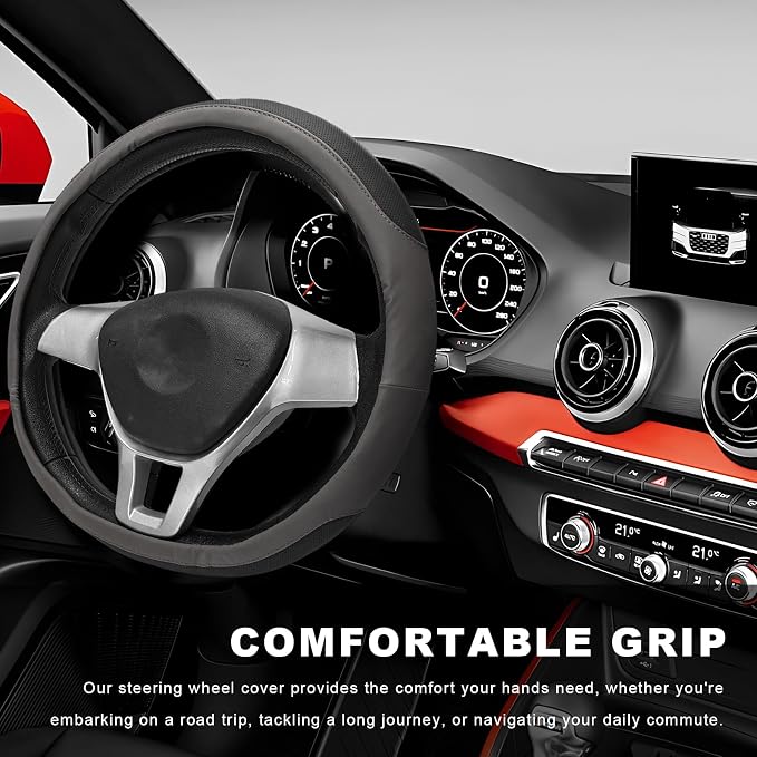 Sun Walker Steering Wheel Cover, Breathable Leather Steering Wheel Covers with Perforated Sides, Anti-Slip Comfortable Grip Auto Sleeve for 14.5-15 Inch Wheels, Car Accessories (Gray)